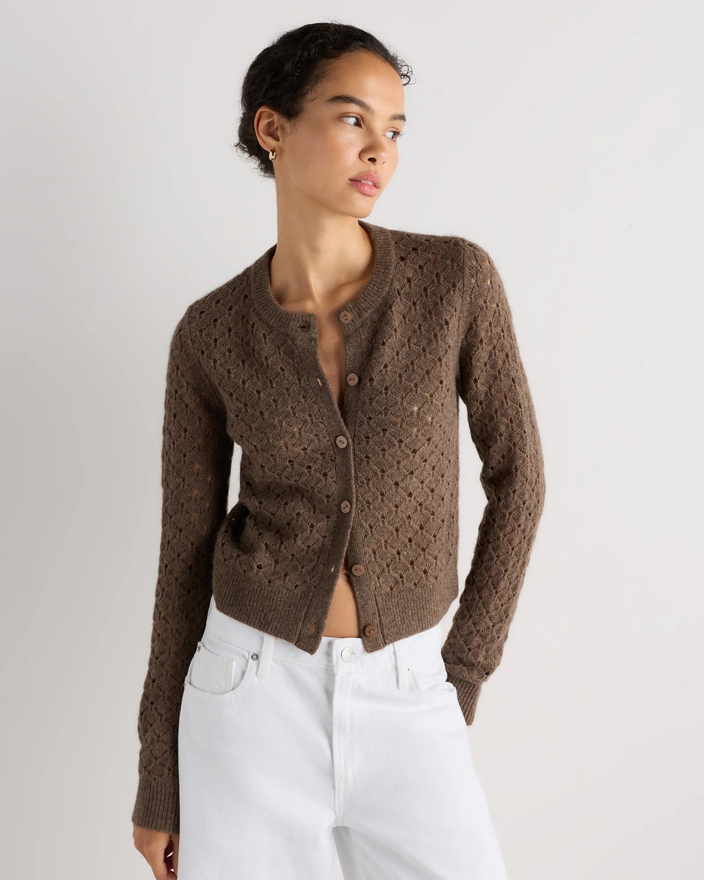 100% Yak Wool Pointelle Detail Cardigan - XS / Heather Brown
