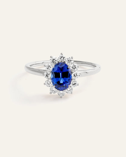 14K Gold Lab Grown Diamond and Blue Sapphire Halo Ring - 4 / Yellow Gold