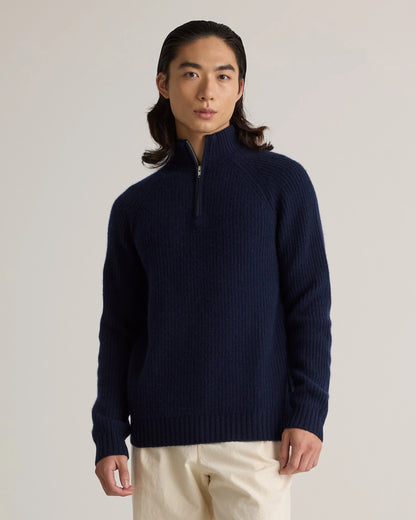 Mongolian Cashmere Fisherman Quarter Zip Sweater - S / Navy Marl