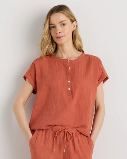 100% Organic Cotton Gauze Roll Sleeve Shirt - XS / Spiced Orange