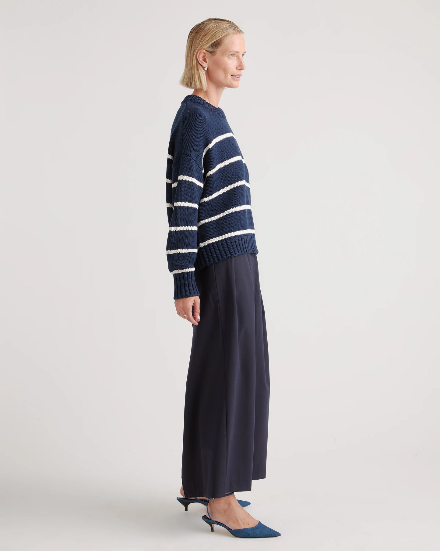 100% Organic Cotton Striped Crew Sweater - XS / Heather Brown/Ivory