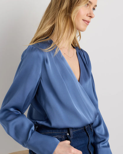 Washable Stretch Silk Surplice Bodysuit - XS / Moonstone Blue