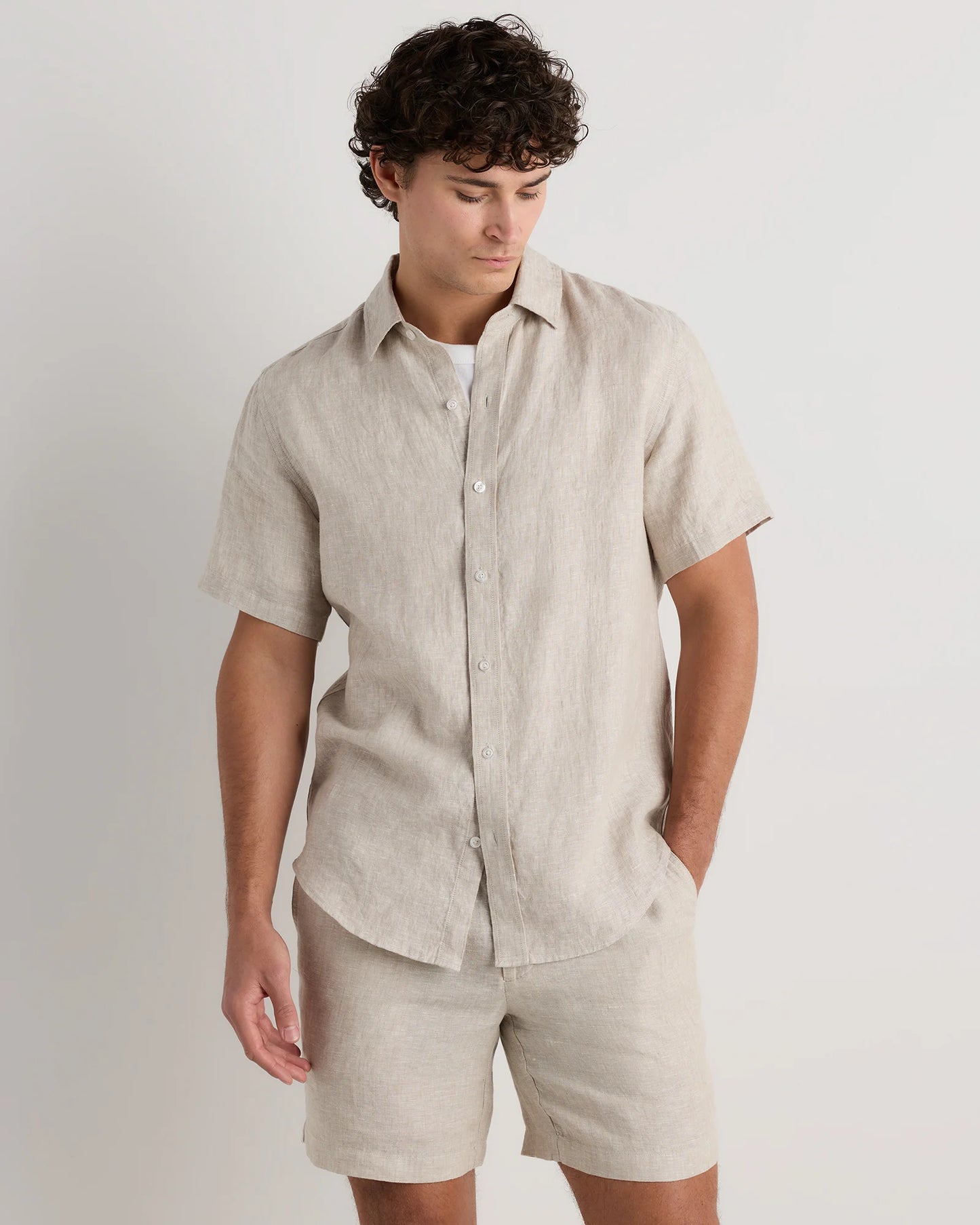 100% European Linen Relaxed Short Sleeve Shirt - XS / Taupe Brown Chambray
