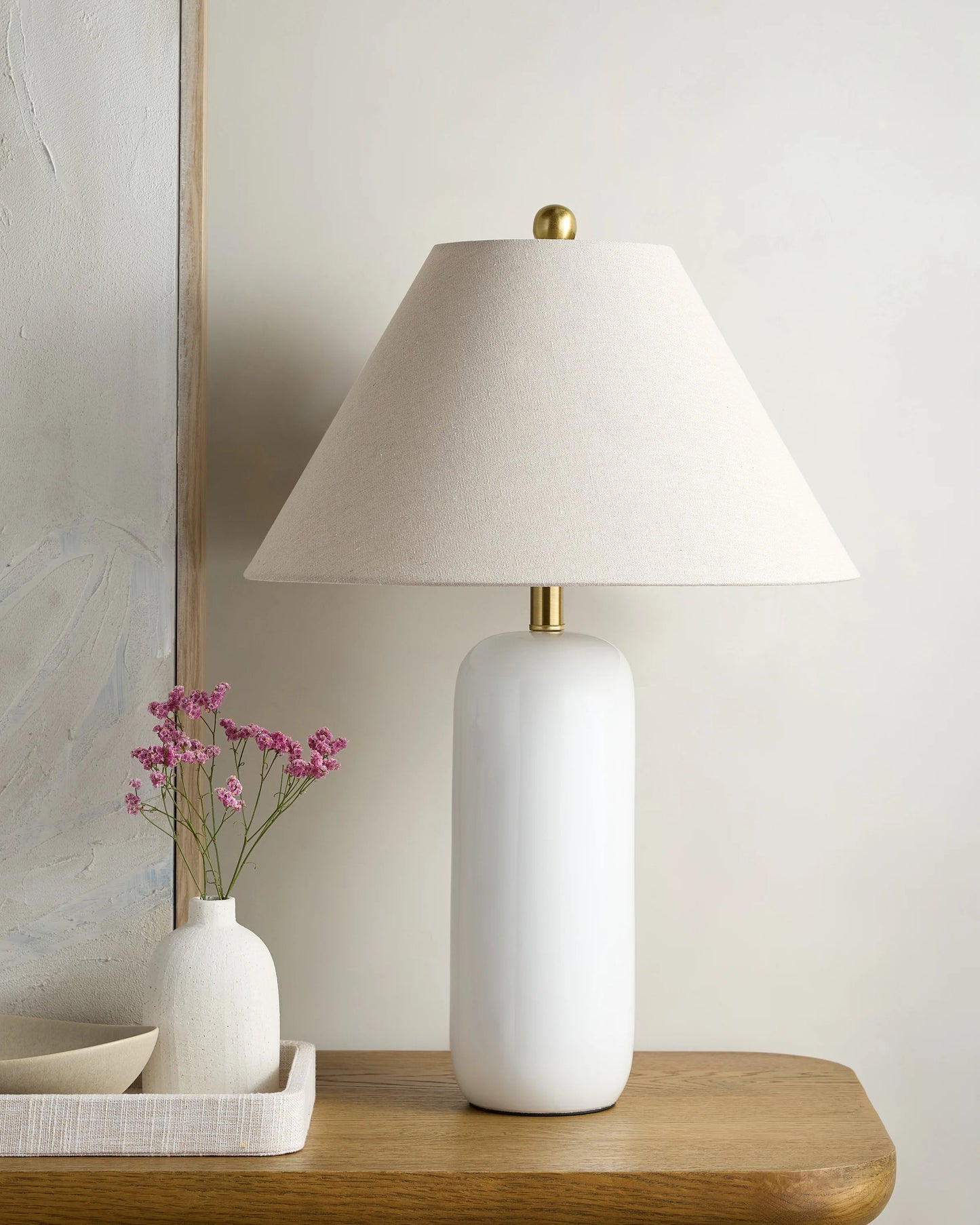 Glossy Cylindrical Ceramic Table Lamp - One Size / White