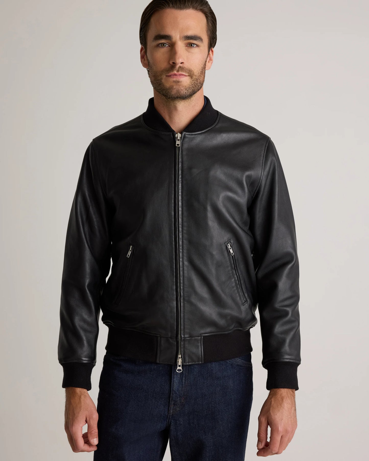 100% Washed Leather Bomber Jacket - S / Black