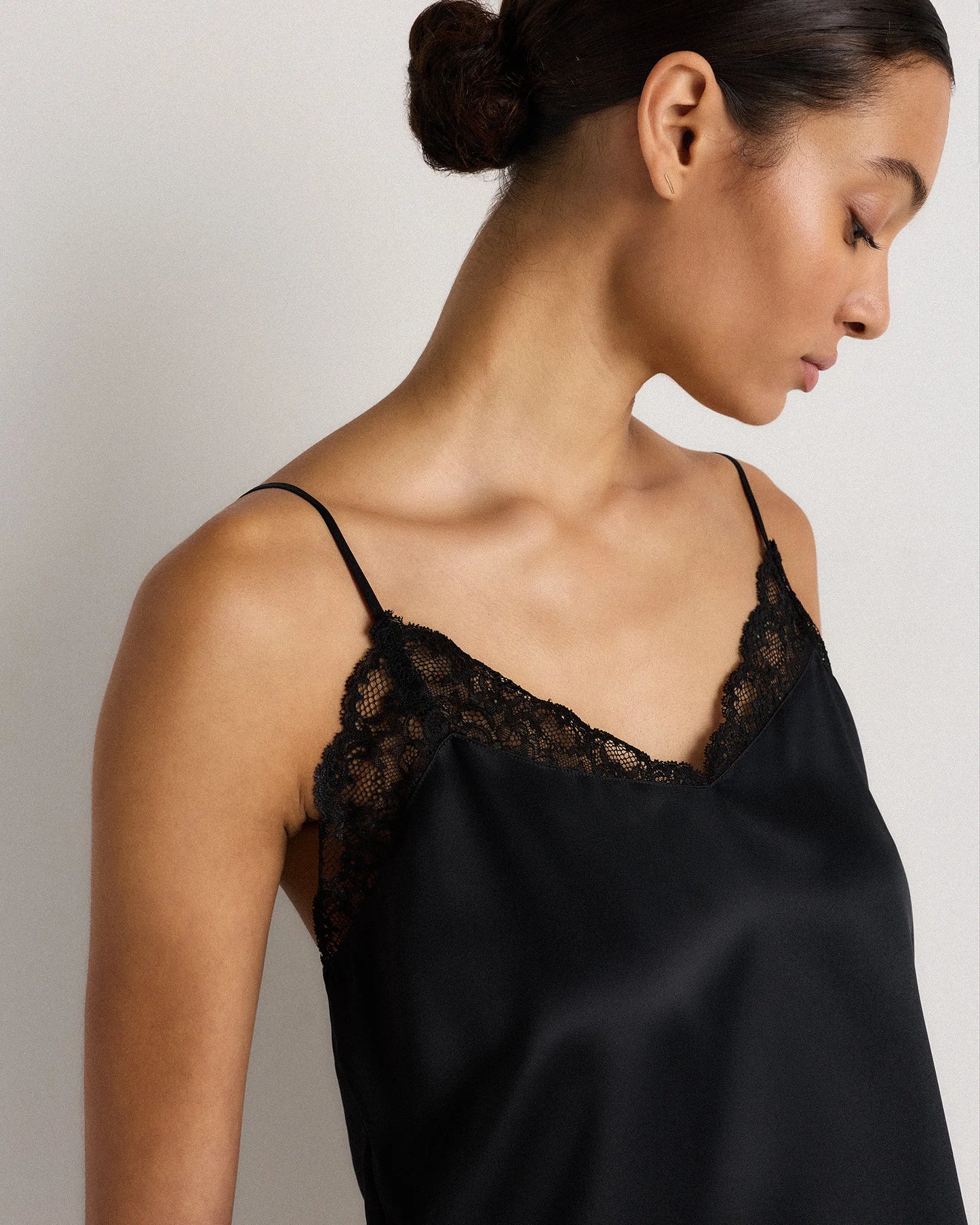 100% Washable Silk Satin Lace Cami Pajama Top - XS / Black