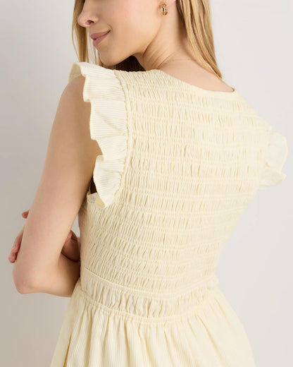 Organic Textured Cotton Smocked V-Neck Midi Dress - XS / Pale Custard Yellow