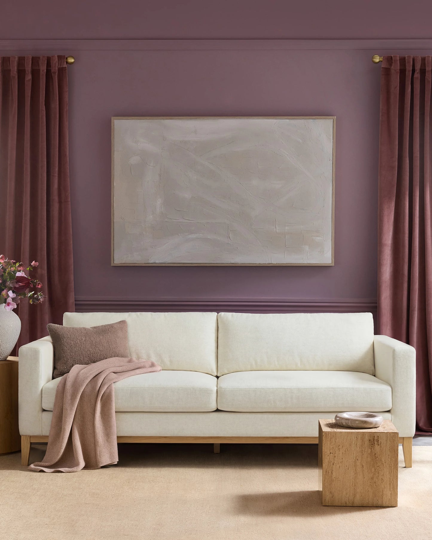 Performance Chenille Linen Blend Sofa with Solid Oak Base - 7ft / Snow