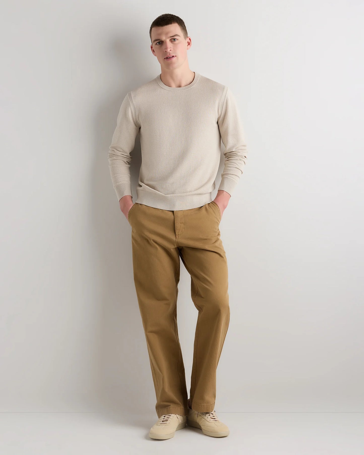 Organic Cotton-Silk Pique Crewneck Sweater - S / Speckled Beige