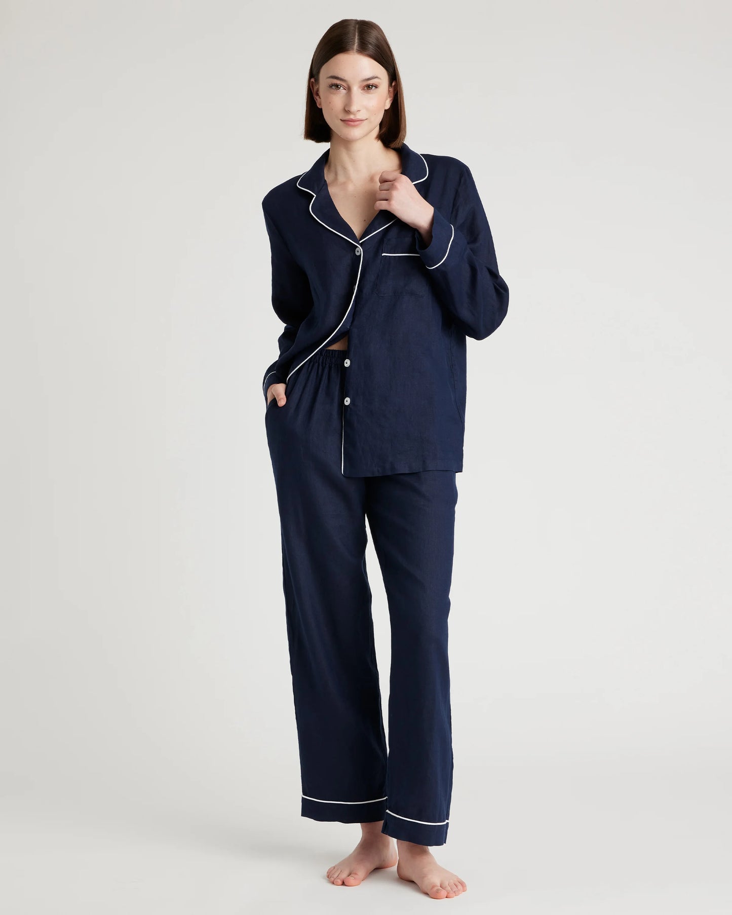 100% European Linen Long Sleeve Pajama Set with Piping - XS / Taupe Brown Gingham