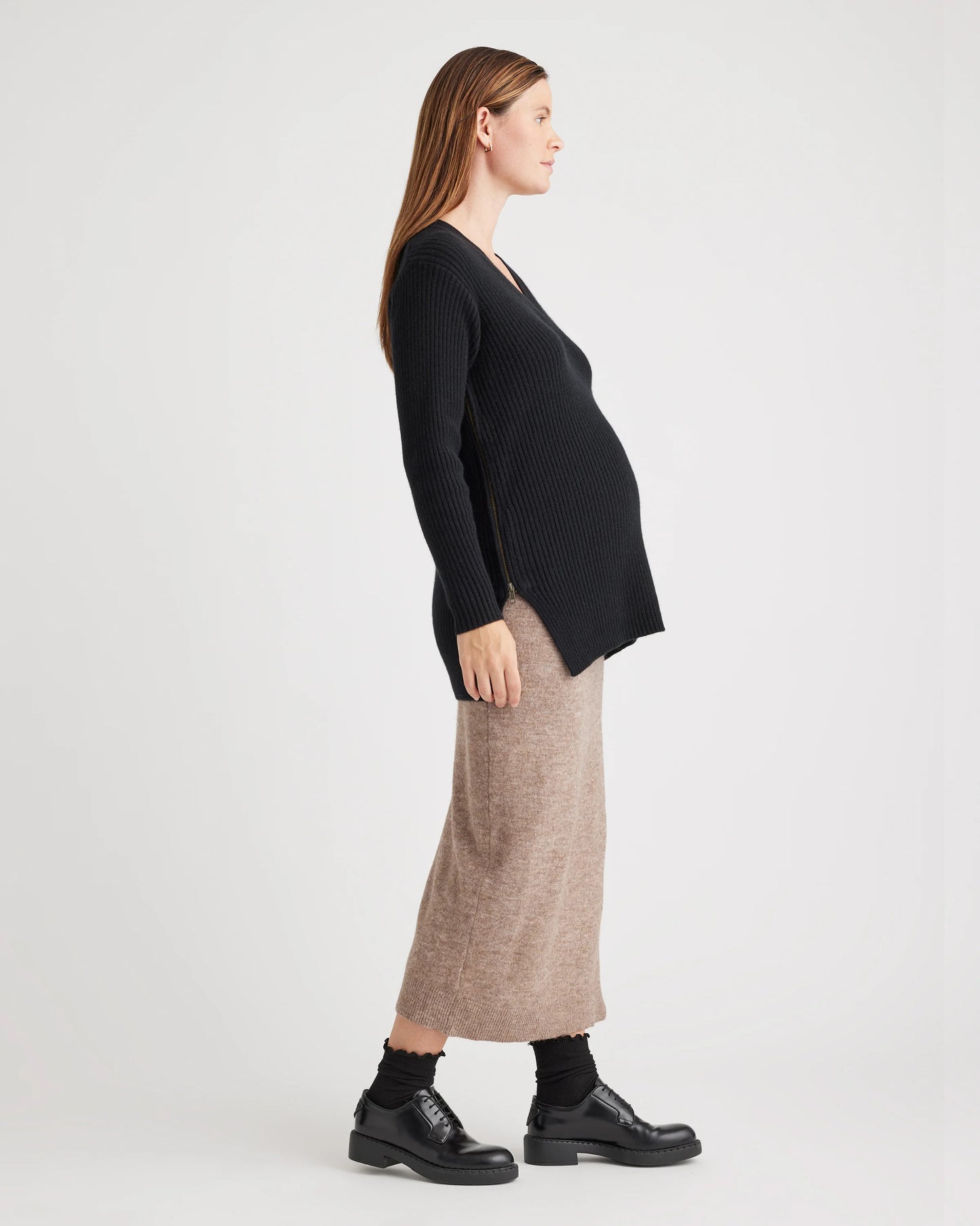 Mongolian Cashmere Ribbed Side Zip Maternity Sweater - XS / Heather Vintage Pink