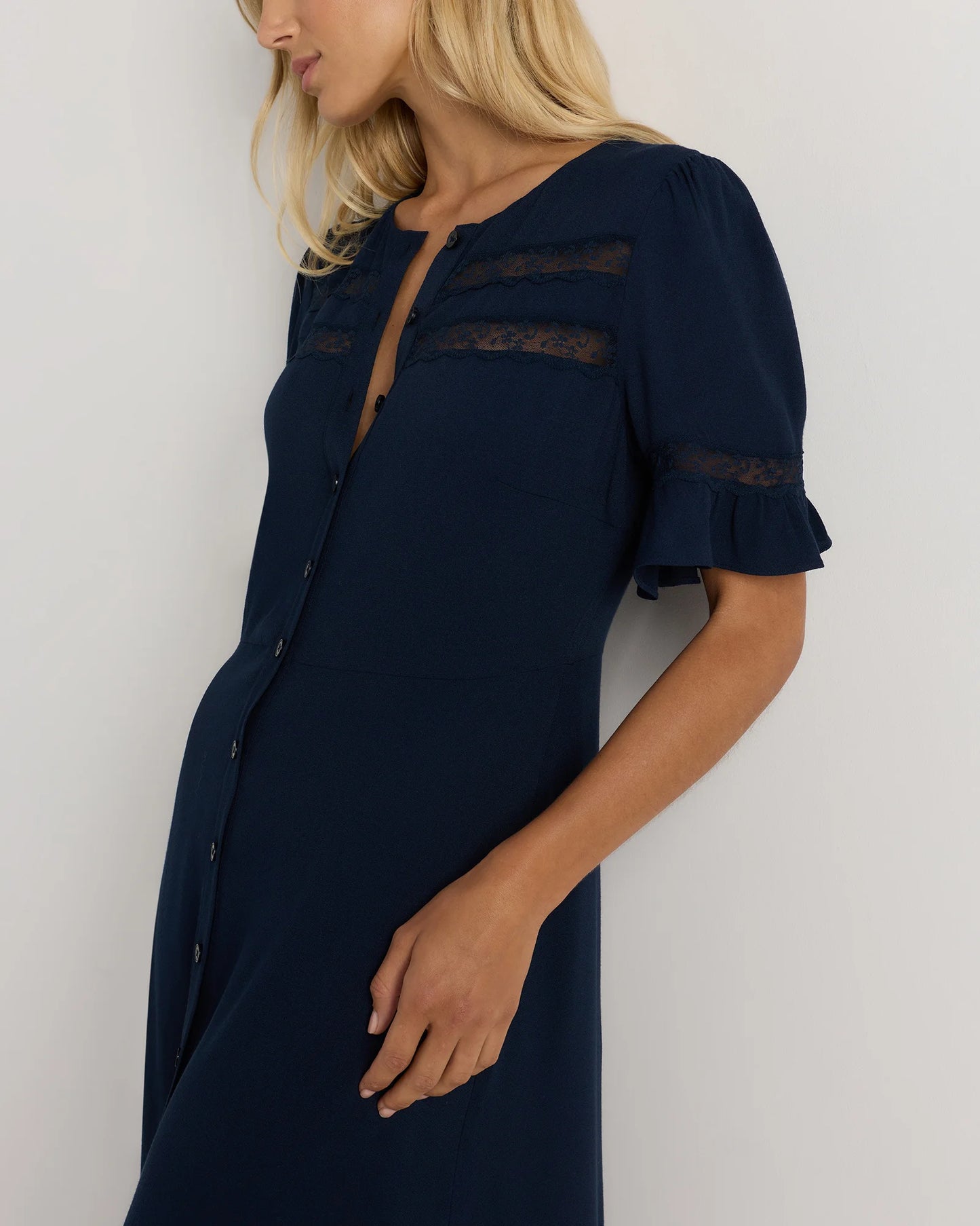 Lightweight Crepe Lace Inset Midi Dress - XS / Moonstone Blue