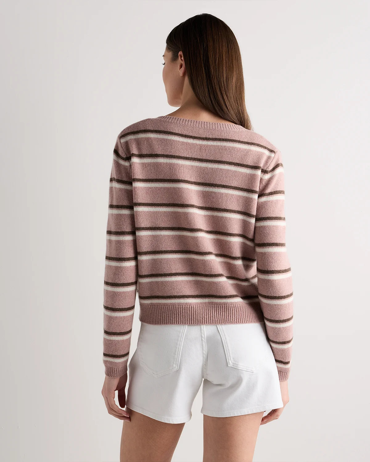Mongolian Cashmere Cropped Crew Cardigan - XS / Heather Vintage Pink / Brown Variegated Stripe