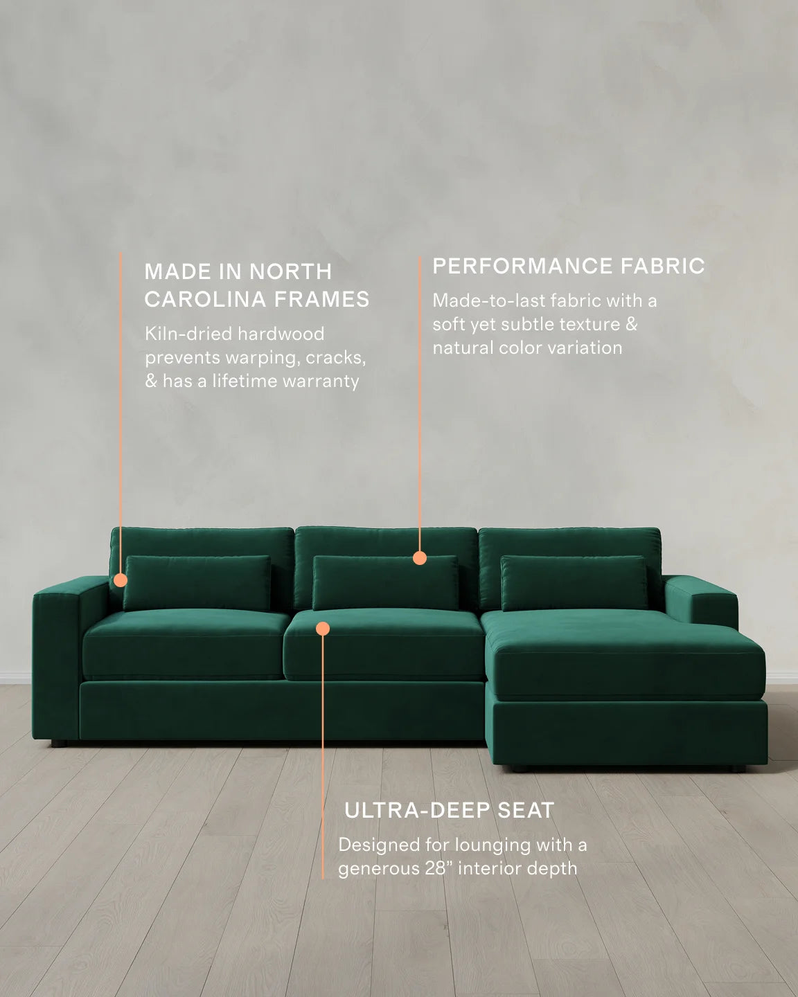 Ashford Deep Seat Chaise Sectional in Performance Velvet - 119" Right Arm / Rust
