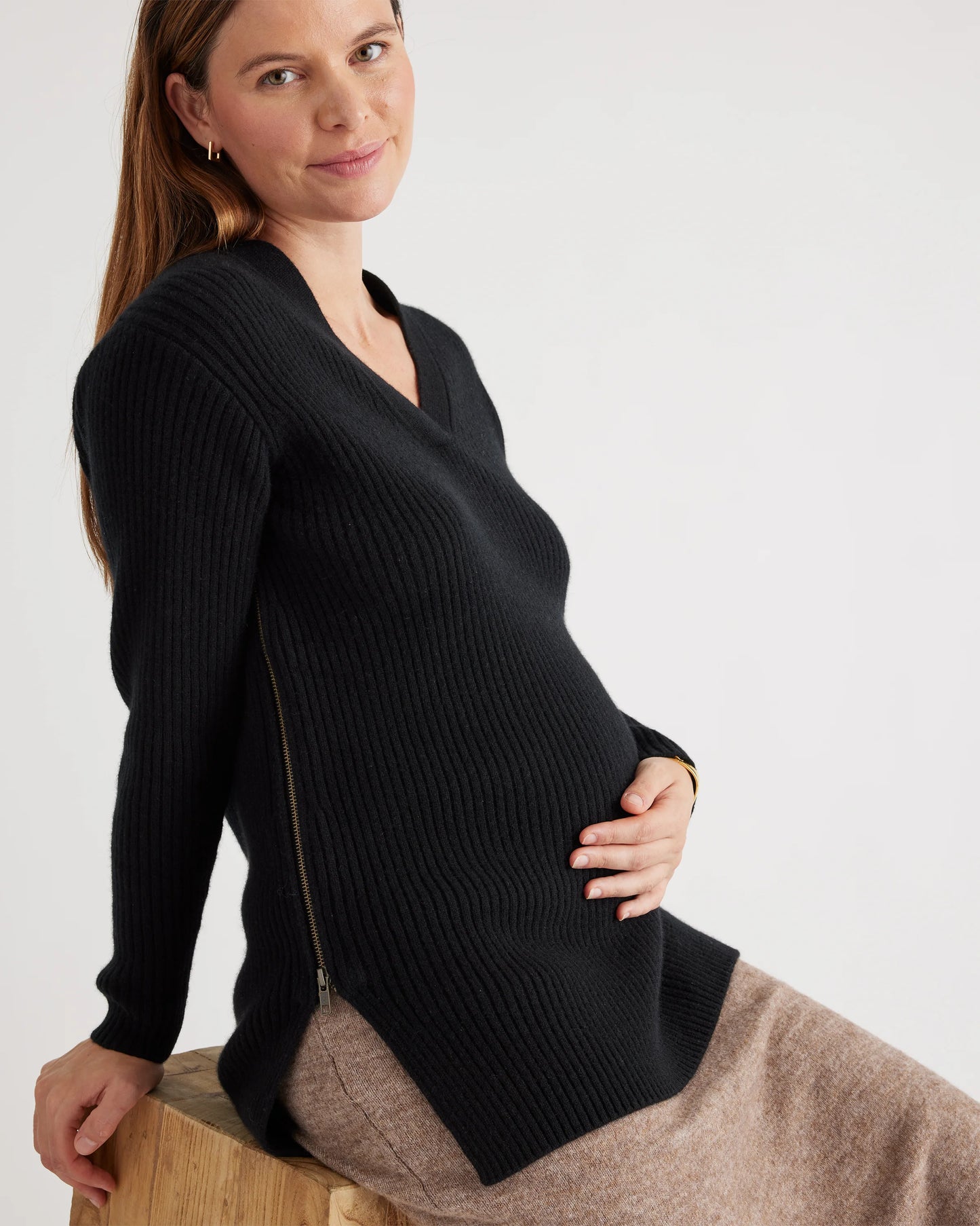 Mongolian Cashmere Ribbed Side Zip Maternity Sweater - XS / Heather Vintage Pink