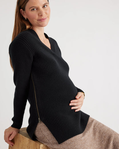 Mongolian Cashmere Ribbed Side Zip Maternity Sweater - XS / Heather Vintage Pink