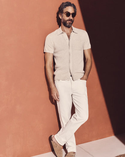 100% Organic Cotton Mesh-Stitch Button-Up Sweater Polo - XS / Speckled Beige