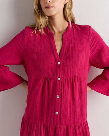 100% Organic Cotton Gauze Long Sleeve Tiered Mini Dress - XS / Amaranth Pink