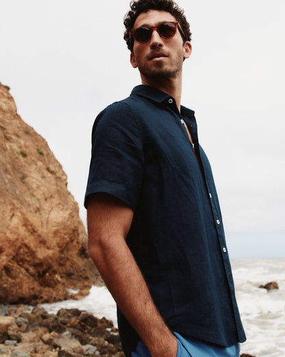 100% European Linen Relaxed Short Sleeve Shirt - XS / Taupe Brown Chambray