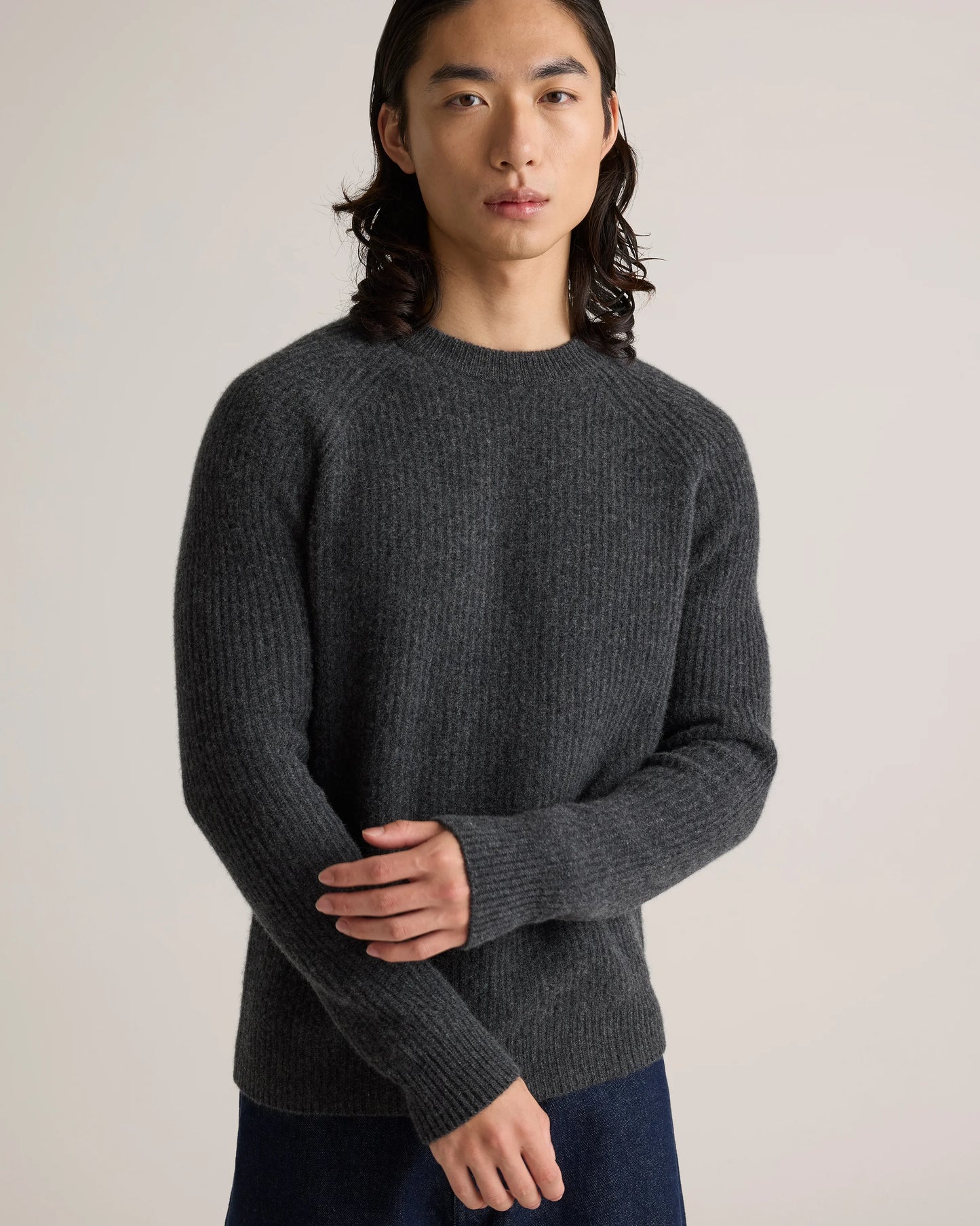 Mongolian Cashmere Fisherman Crewneck Sweater - S / Navy Marl
