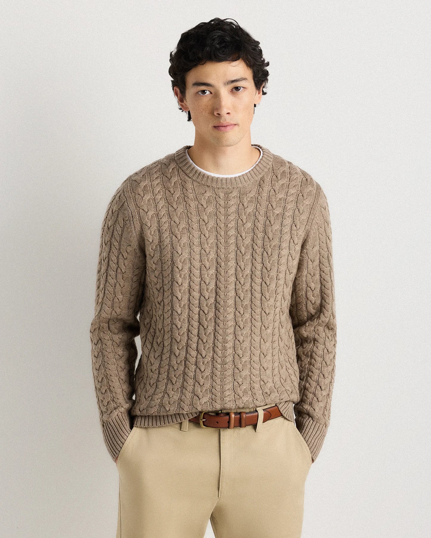 Australian Merino Wool Cable Crewneck Sweater - S / Heather Grey