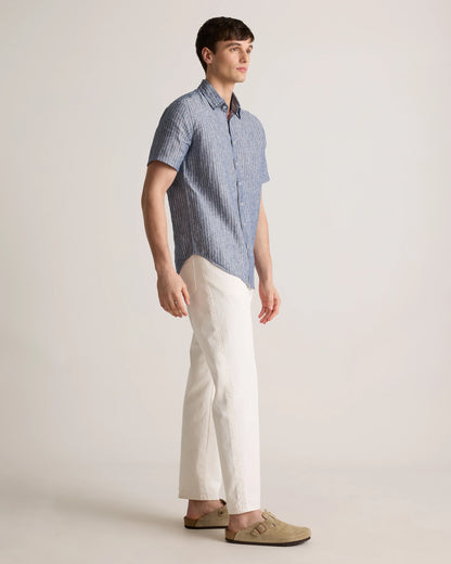 100% European Linen Relaxed Short Sleeve Shirt - XS / Taupe Brown Chambray