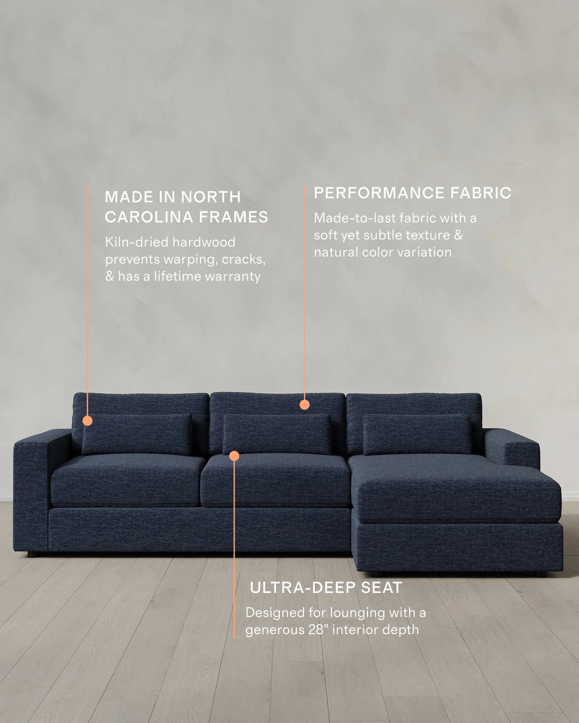 Ashford Deep Seat Chaise Sectional in Performance Chenille Linen Blend - 119" Right Arm / Ink