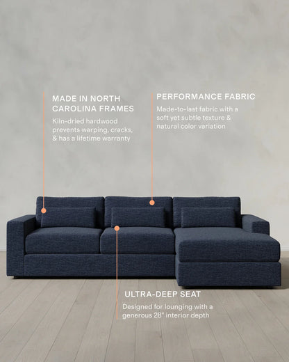 Ashford Deep Seat Chaise Sectional in Performance Chenille Linen Blend - 119" Right Arm / Ink