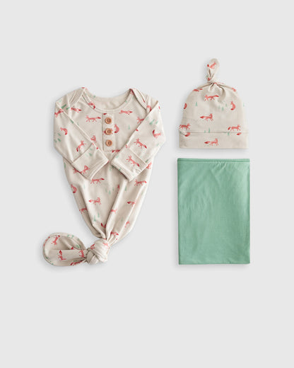 Bamboo Gown, Hat & Swaddle Layette Set - One Size / Fox