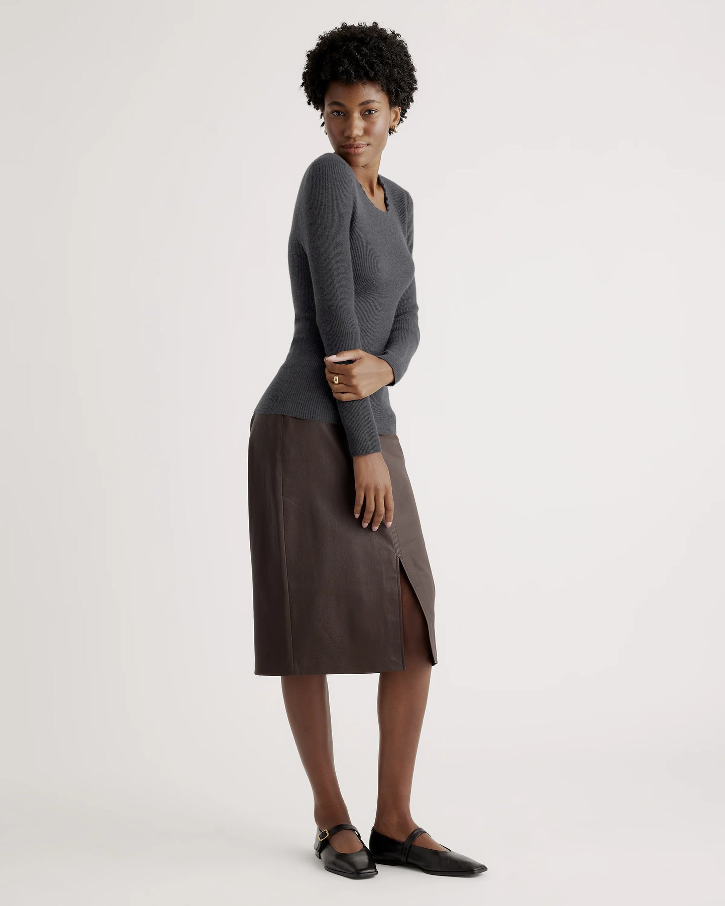 Featherweight Cashmere Ribbed Crewneck Sweater - XS / Charcoal