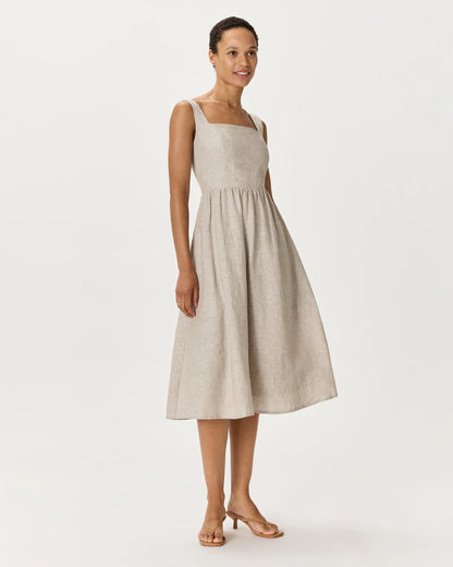 100% European Linen Fit & Flare Midi Dress - XS / Brick Red Heirloom Floral