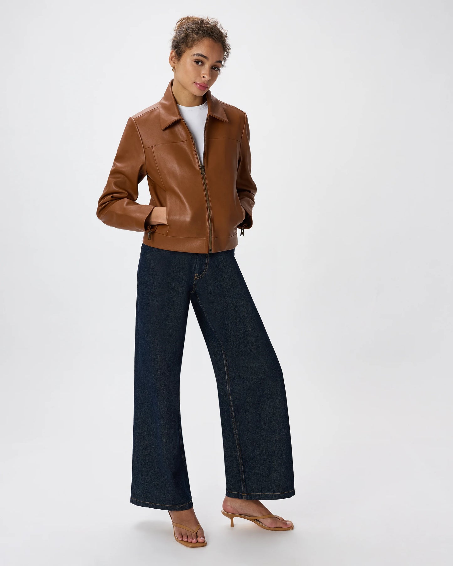 100% Leather Cropped Zip-Front Jacket - XS / True Black