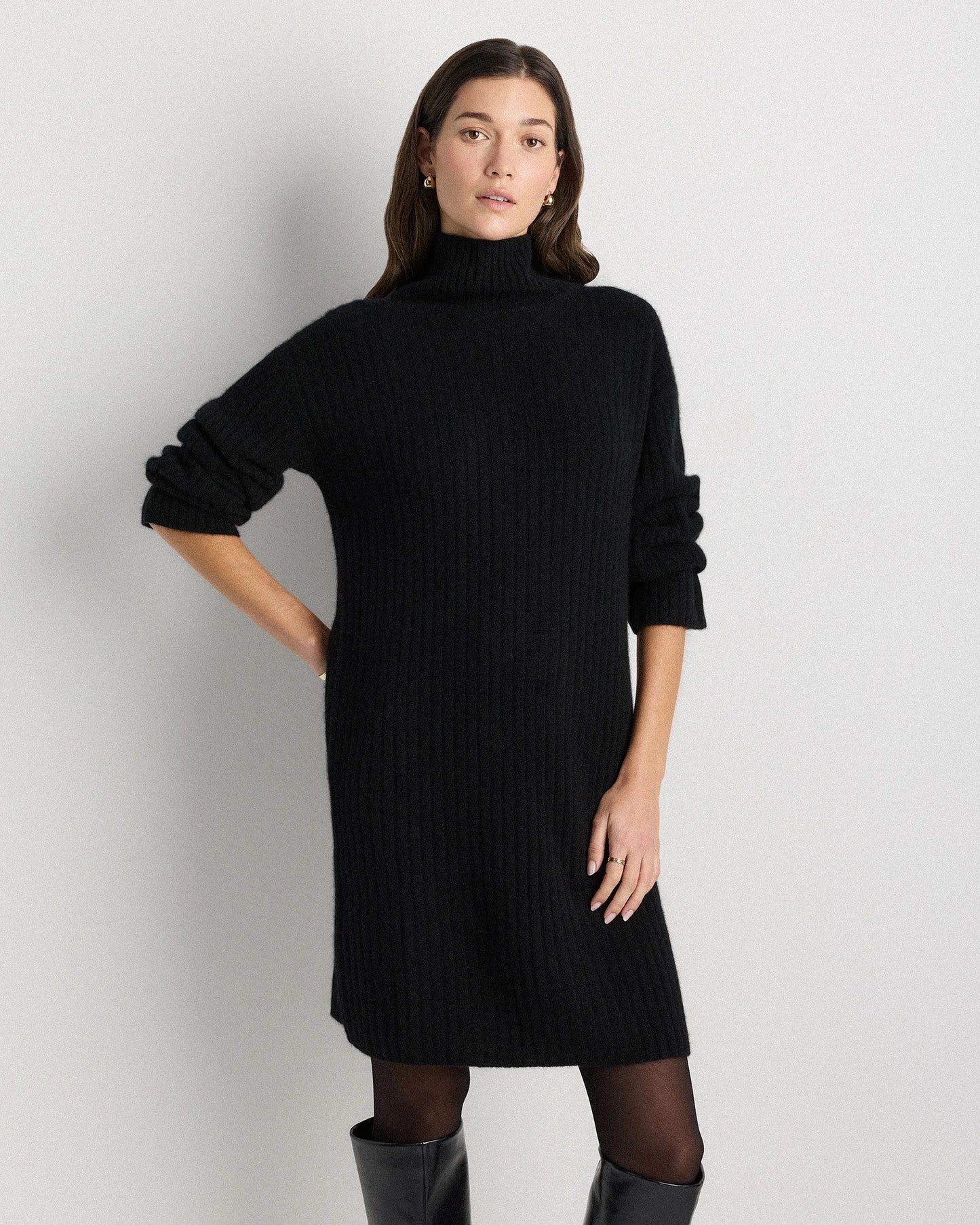 Mongolian Cashmere Ribbed Turtleneck Mini Dress - XS / Black