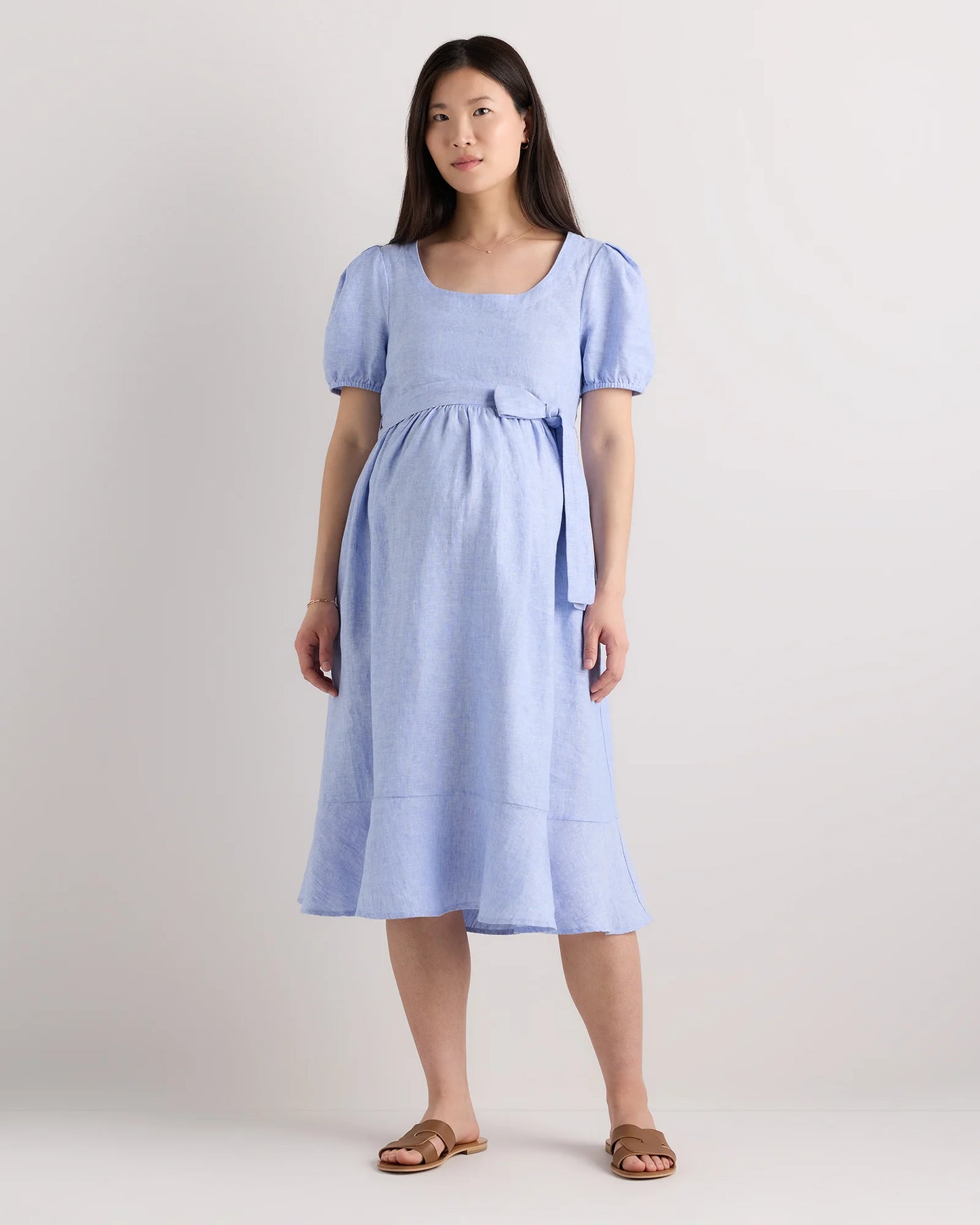 100% European Linen Maternity Short Sleeve Midi Dress - XS / Ivory Porcelain Blue Petite Floral