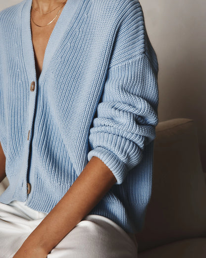 100% Organic Cotton Fisherman Boxy Cropped Cardigan - XS / Sapphire Blue