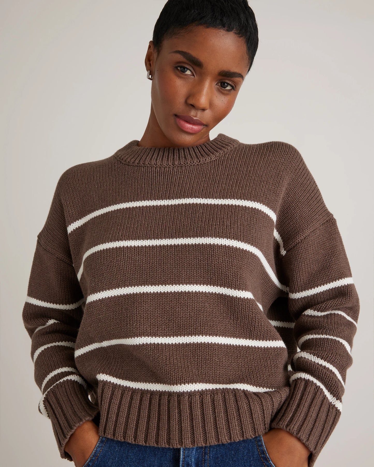 100% Organic Cotton Striped Crew Sweater - XS / Heather Brown/Ivory