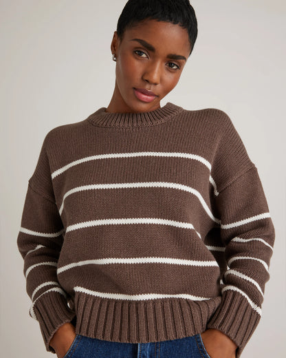 100% Organic Cotton Striped Crew Sweater - XS / Heather Brown/Ivory