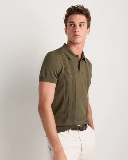 Cotton-Silk Ribbed Short Sleeve Sweater Polo - S / Speckled Beige