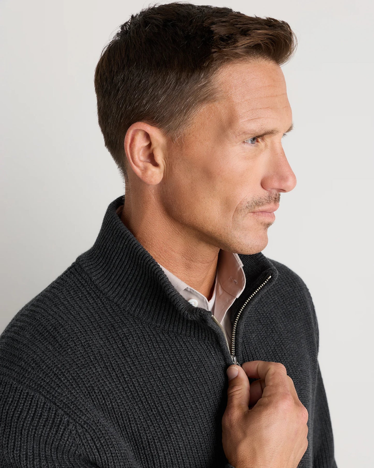 100% Organic Cotton Ribbed Quarter-Zip Sweater - S / Navy