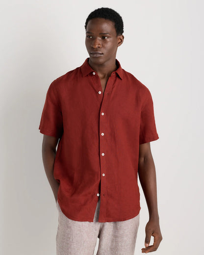100% European Linen Relaxed Short Sleeve Shirt - XS / Taupe Brown Chambray
