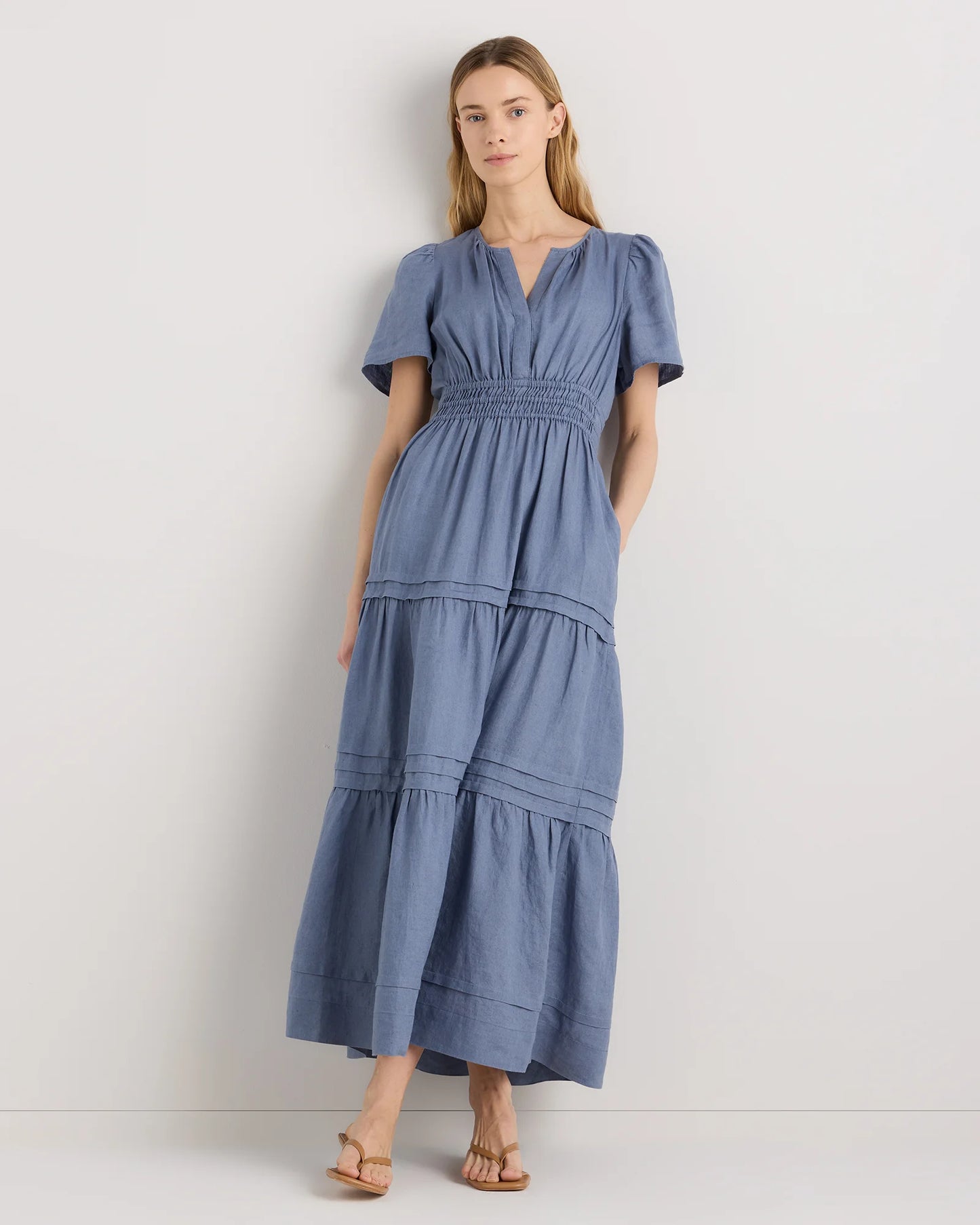100% European Linen Tiered Maxi Dress - XS / Ivory Porcelain Blue Petite Floral