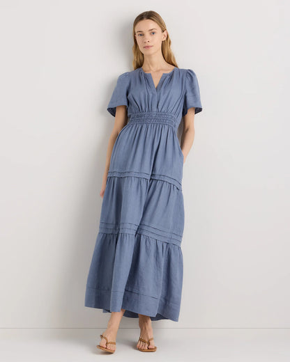 100% European Linen Tiered Maxi Dress - XS / Ivory Porcelain Blue Petite Floral