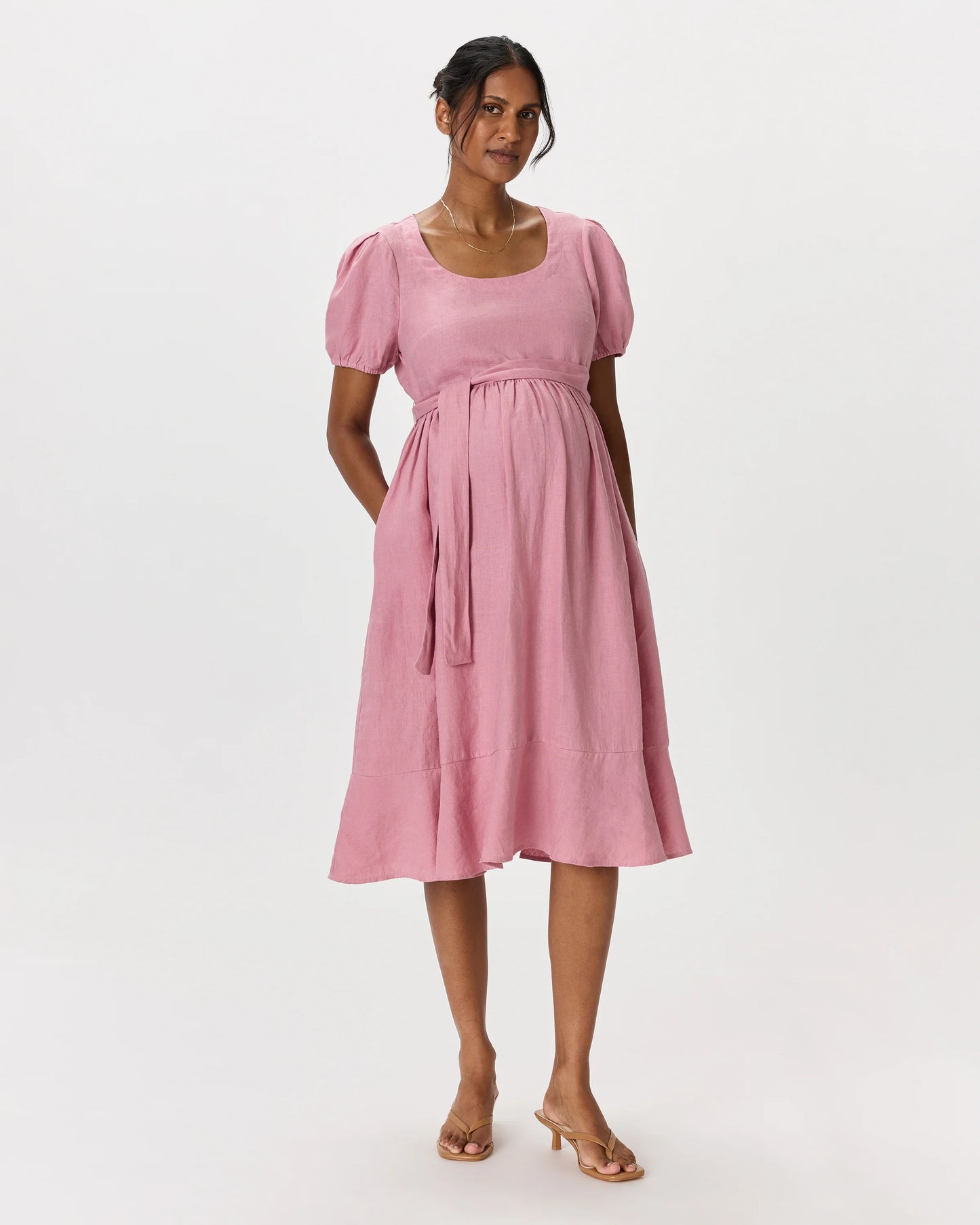 100% European Linen Maternity Short Sleeve Midi Dress - XS / Ivory Porcelain Blue Petite Floral