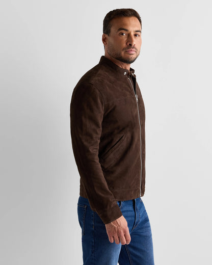 100% Suede Café Racer Jacket - S / Pecan Brown