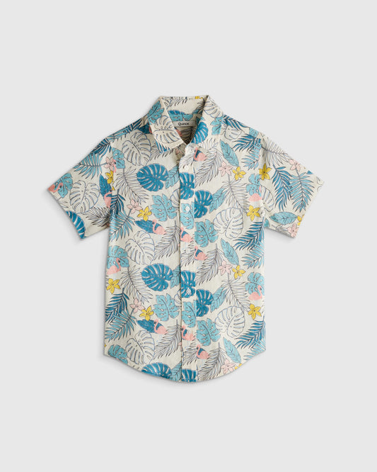 100% European Linen Printed Short Sleeve Shirt - 6 / Multi Palm