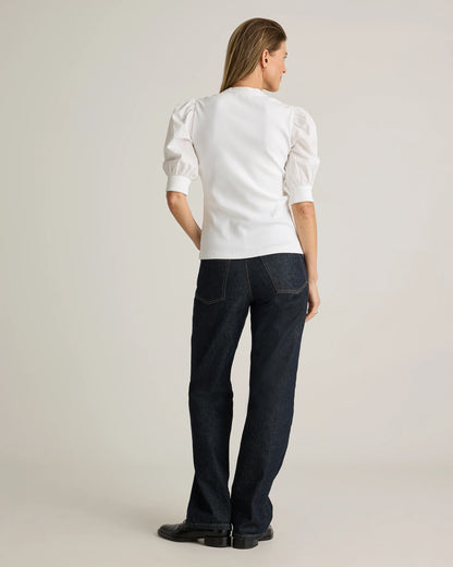 Cotton Mixed Media Puff Sleeve Top - XS / Classic White