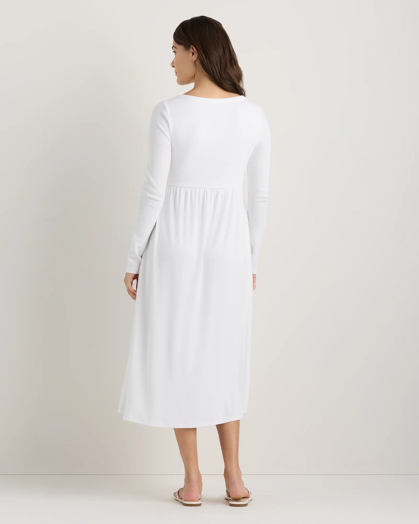 Bamboo Rib Maternity Long Sleeve Button Front Dress - XS / Classic White