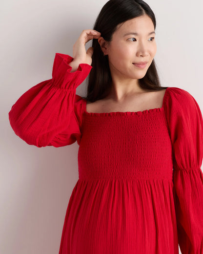 100% Organic Cotton Gauze Maternity Smocked Midi Dress - XS / Wild Cherry