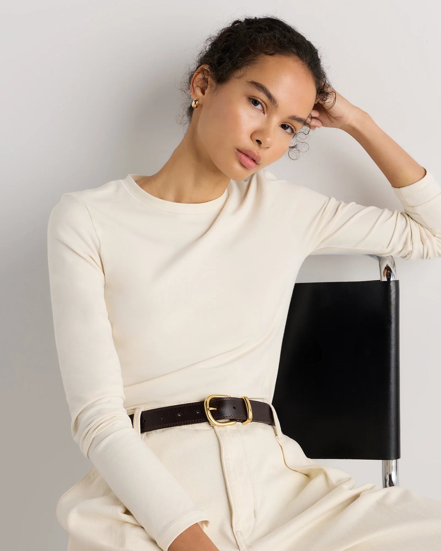 Stretch Cotton Jersey Fitted Long Sleeve T-Shirt - XS / Linen White