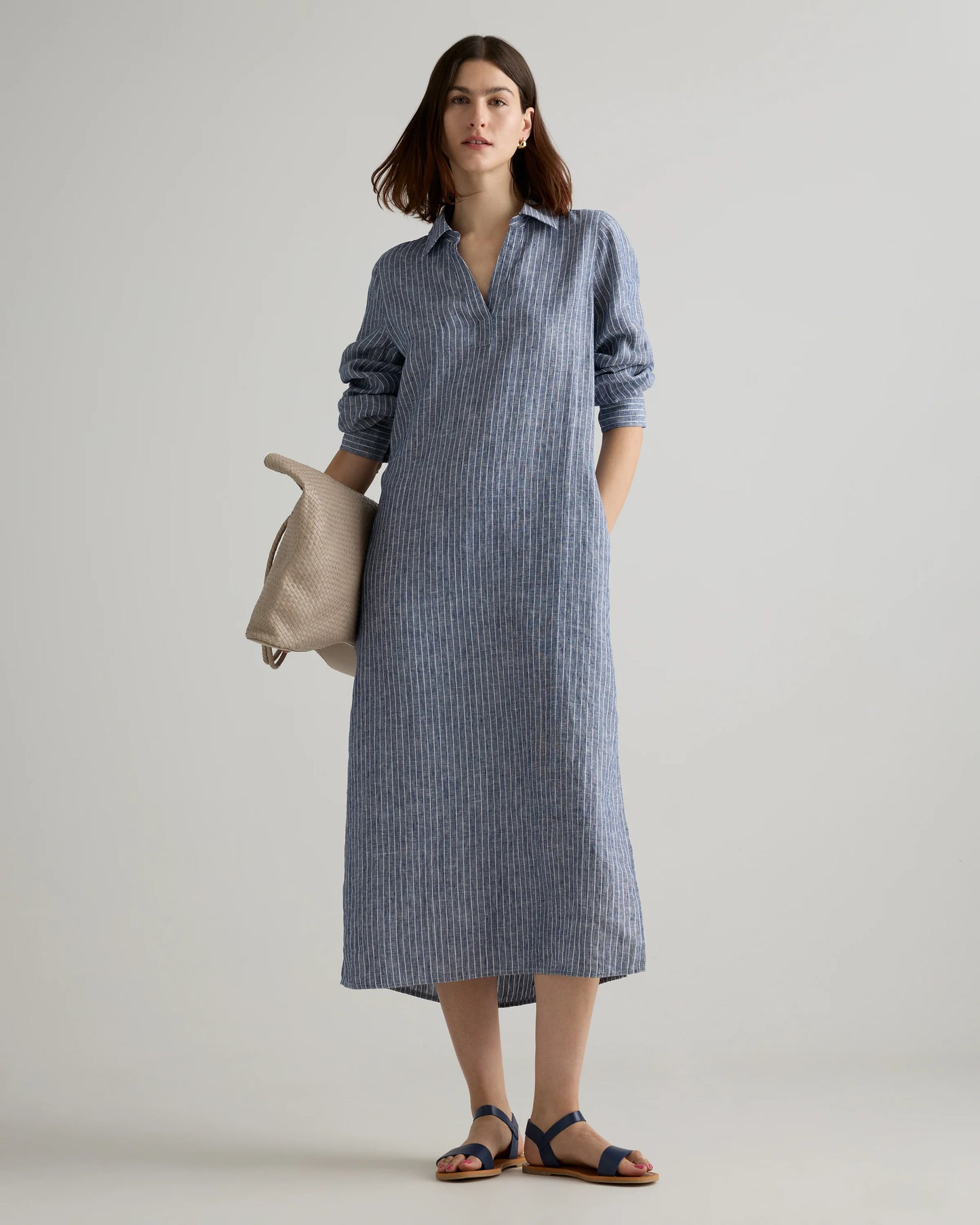 100% European Linen Popover Maxi Dress - XS / Blue Pinstripe